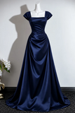Navy Blue Satin Cap Sleeve Formal Evening Dress, A-line Navy Blue Ruched Long Prom Dress
