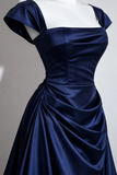 Navy Blue Satin Cap Sleeve Formal Evening Dress, A-line Navy Blue Ruched Long Prom Dress
