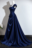 Navy Blue Satin Cap Sleeve Formal Evening Dress, A-line Navy Blue Ruched Long Prom Dress
