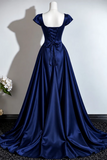 Navy Blue Satin Cap Sleeve Formal Evening Dress, A-line Navy Blue Ruched Long Prom Dress
