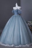 Light Blue Tulle Short Sleeves Long Prom Dress with Lace, Light Blue Shiny Floor Length Formal Gowns
