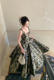 Black Floral A-Line Floor Length Prom Dress, Black Scoop Neckline Long Party Dress
