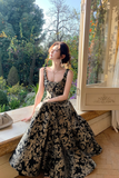 Black Floral A-Line Floor Length Prom Dress, Black Scoop Neckline Long Party Dress
