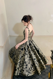 Black Floral A-Line Floor Length Prom Dress, Black Scoop Neckline Long Party Dress
