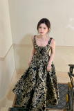 Black Floral A-Line Floor Length Prom Dress, Black Scoop Neckline Long Party Dress
