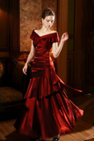 Mermaid Off Shoulder Silk Burgundy Long Prom Dress, Burgundy Formal Dress
