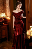 Mermaid Off Shoulder Silk Burgundy Long Prom Dress, Burgundy Formal Dress
