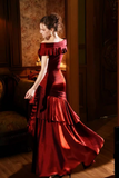 Mermaid Off Shoulder Silk Burgundy Long Prom Dress, Burgundy Formal Dress
