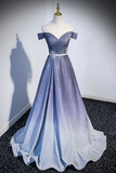 An off-the-shoulder A-line evening gown displayed on a mannequin. The dress features a sweetheart neckline, a fitted waist with a thin embellished belt, and a dramatic gradient skirt that transitions from a sparkly lavender-blue at the top to a sheer icy blue-white at the bottom.