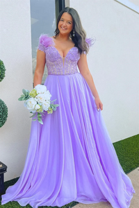 A Line Lavender Plunging Off The Shoulder Feathers Long Prom Dress APP0782