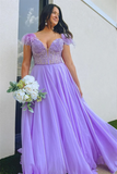 A Line Lavender Plunging Off The Shoulder Feathers Long Prom Dress APP0782