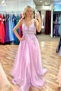 Lilac Tulle A Line Long Prom Dresses With Lace Appliques, Party Dress APP0783