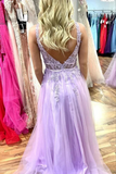 Lilac Tulle A Line Long Prom Dresses With Lace Appliques, Party Dress APP0783