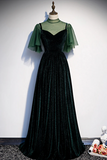 Green Velvet Long A Line Prom Dress, Green Formal Evening Dress APP0784