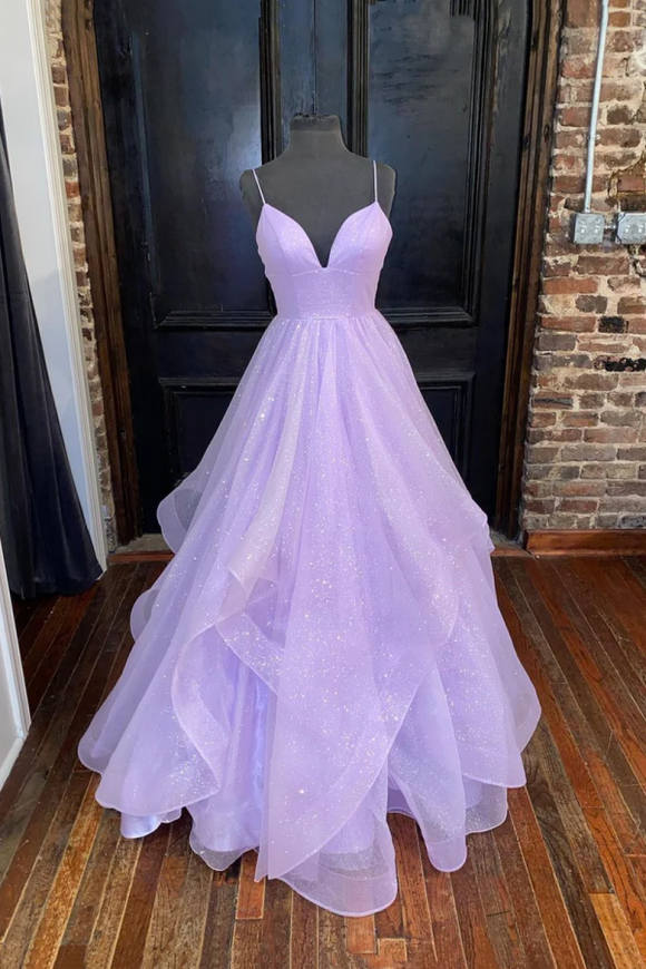 A Line Lavender Shiny Tulle Prom Dresses, Long Spaghetti Strap Evening Dresses APP0785