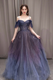Purple Spaghetti Strap Gradient Tulle Long Prom Dress, A Line Evening Party Dress APP0786