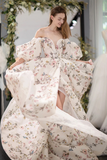 Stylish Printed Pattern Long Prom Dress, White Long Sleeve Evening Party Dress APP0787