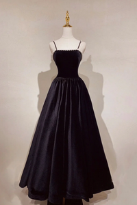 Black Velvet Long Prom Dress with Pearls, Black Spaghetti Straps Evening Party Dress APP0788