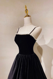 Black Velvet Long Prom Dress with Pearls, Black Spaghetti Straps Evening Party Dress APP0788