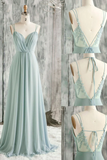 A Line Chiffon Lace Long Prom Dress, Green Spaghetti Strap Backless Evening Dress APP0789