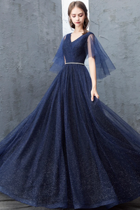 Blue Tulle Long A Line Prom Dress, Cute V Neck Graduation Dress APP0790