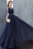 Blue Tulle Long A Line Prom Dress, Cute V Neck Graduation Dress APP0790