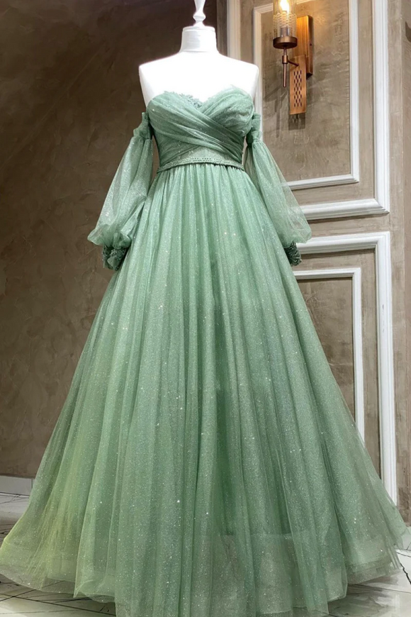 Green Strapless Tulle Long Sleeve Prom Dress, Green A Line Evening Party Dress APP0791