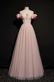 Pink Tulle Beaded Long A Line Prom Dress, Pink Off the Shoulder Evening Dress APP0792