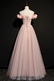 Pink Tulle Beaded Long A Line Prom Dress, Pink Off the Shoulder Evening Dress APP0792