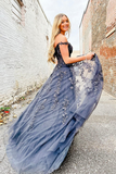 Black Off the Shoulder Lace Long Prom Dress, A Line Tulle Evening Dress with Slit APP0793