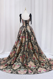 Unique Floral Floor Length Prom Dress, A Line Black Evening Dress APP0794