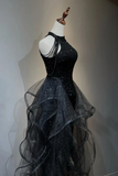 Black Shiny Tulle Long Party Dress with Beaded, Black Evening Dress APP0795
