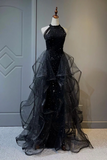Black Shiny Tulle Long Party Dress with Beaded, Black Evening Dress APP0795