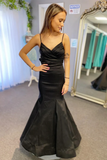 Black Surplice Pleated Straps Long Prom Dress Evening Dress With Bow APP0796