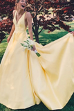 Elegant Yellow V Neck Sleeveless Party Gown Long Prom Dresses APP0797