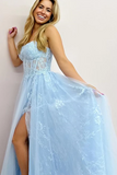 Strapless Light Blue Lace Long Prom Dress with High Slit APP0801