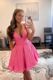 Pink A line V Neck Sequins Short Prom Dresses Homecoming Dress APH0208
