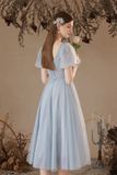Gray Tulle Pearl Short Sleeve Tea Length Prom Dress Bridesmaid Dress APH0209