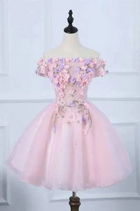 Pink Off The Shoulder Homecoming Dress with Flowers APH0211