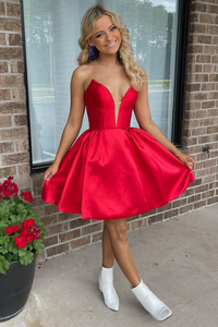 V Neck Red Satin Prom Dress, V Neck Short Red Homecoming Dress APH0216