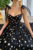 Black A Line Sweetheart Tulle Prom Dresses with Gold Stars APH0218