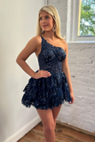 One Shoulder Navy Blue Lace Short Prom Dress, Navy Blue Lace Sequins Homecoming Dress APH0220