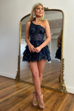 One Shoulder Navy Blue Lace Short Prom Dress, Navy Blue Lace Sequins Homecoming Dress APH0220