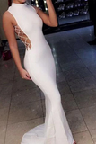 Sexy White Mermaid High Neck Sleeveless Long Prom Dresses APP0803