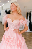 Off Shoulder Pink Lace Long Prom Dress with Flowers, Pink Floral Formal Dress APP0804