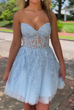 Strapless Light Blue Lace Prom Dress, Light Blue Lace Homecoming Dress APH0230