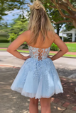 Strapless Light Blue Lace Prom Dress, Light Blue Lace Homecoming Dress APH0230