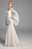Chic Elegant Boho Lace Long Beach Wedding Dresses With Sleeves APW0426