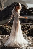 Sparkly V Neck Long Sleeves See Through Sequins Wedding Dresses APW0427