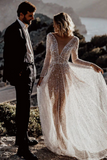 Sparkly V Neck Long Sleeves See Through Sequins Wedding Dresses APW0427